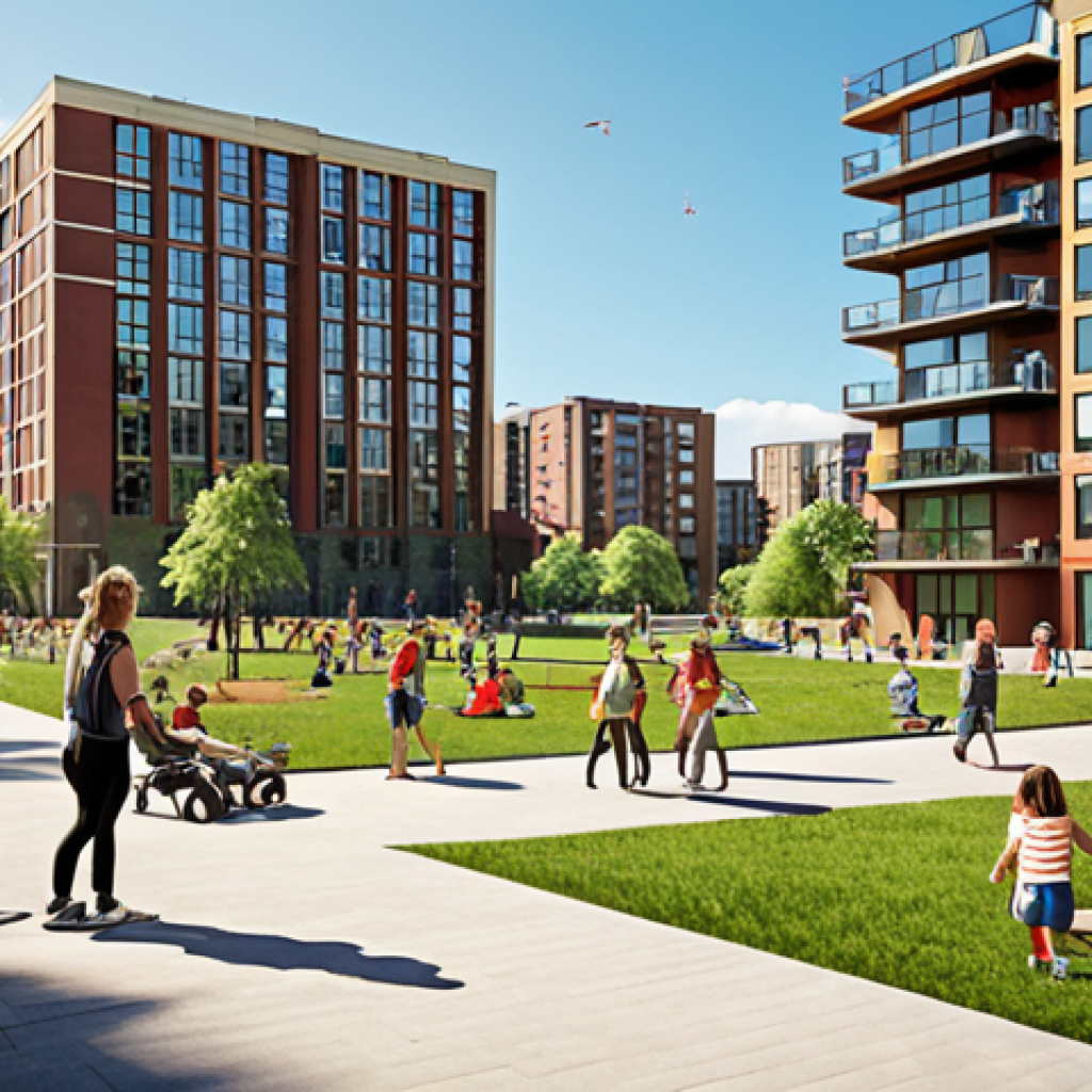 **Image:** A bustling city park on a sunny day, showcasing a variety of people enjoying recreational activities. In the background, a modern apartment building and industrial complex symbolize the opportunity cost of choosing the park over housing or industry.