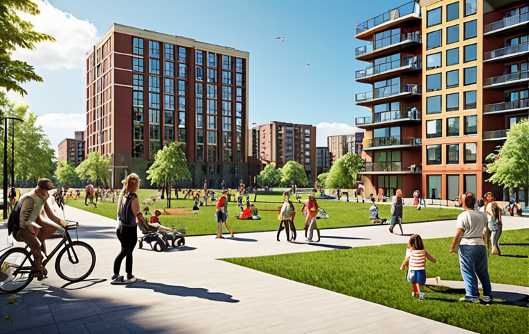 **Image:** A bustling city park on a sunny day, showcasing a variety of people enjoying recreational activities. In the background, a modern apartment building and industrial complex symbolize the opportunity cost of choosing the park over housing or industry.
