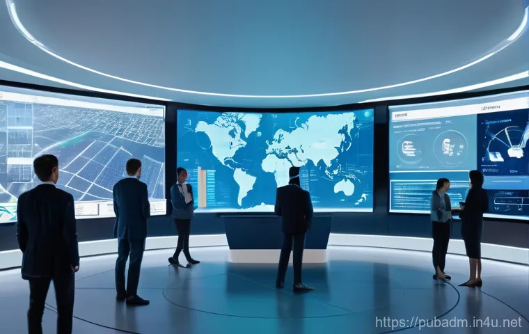 공공행정학 이론 - **Prompt:** A futuristic, bright, and spacious government administration hub. Diverse public servant...