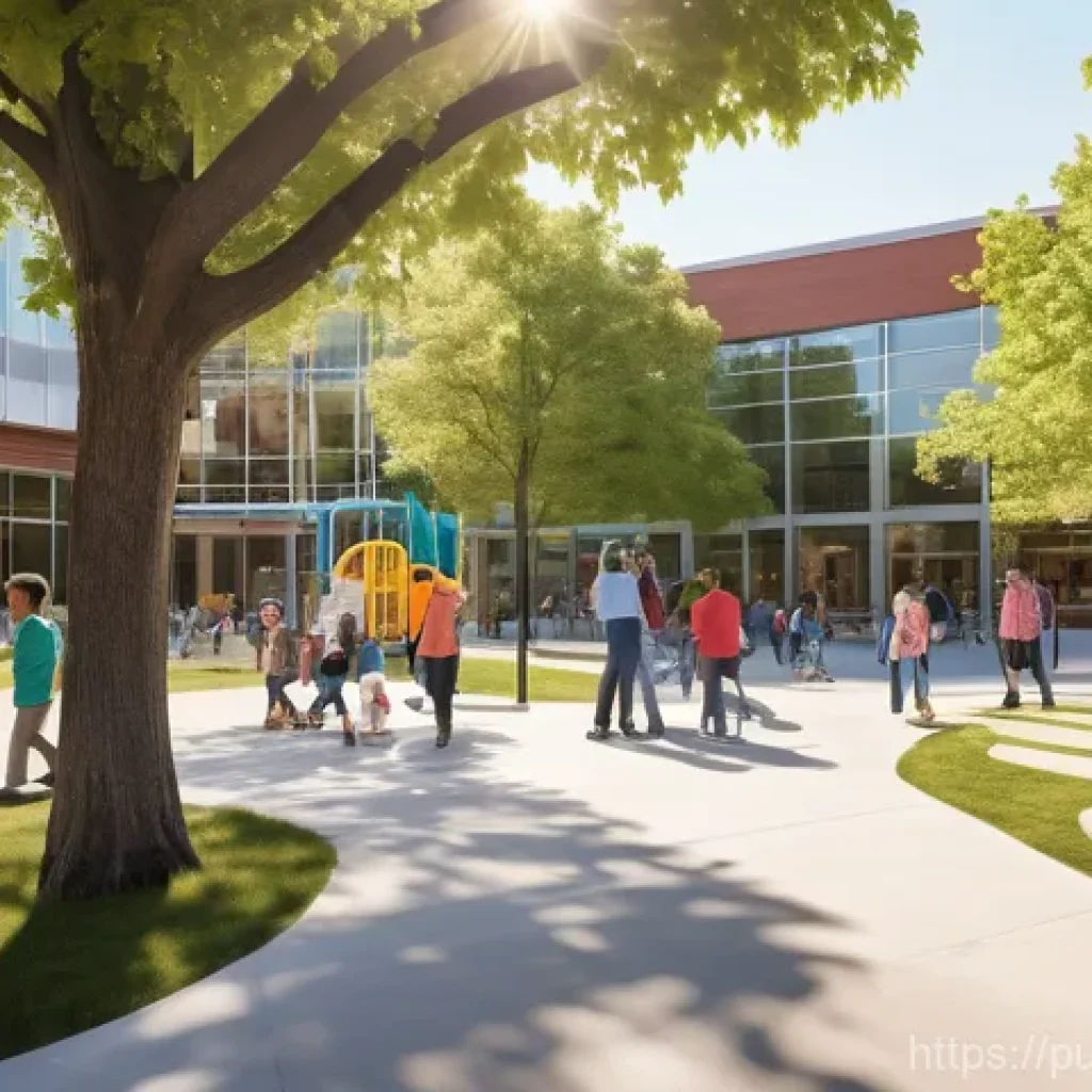 공공재정 및 예산 관리 - **Vibrant Community Flourishing from Public Funds:** A wide shot of a bustling, sun-drenched town sq...